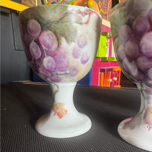 Grape and Vine Design Handpainted Kiln-Fired Ceramic Goblets Set of 4 - Picture 4 of 7